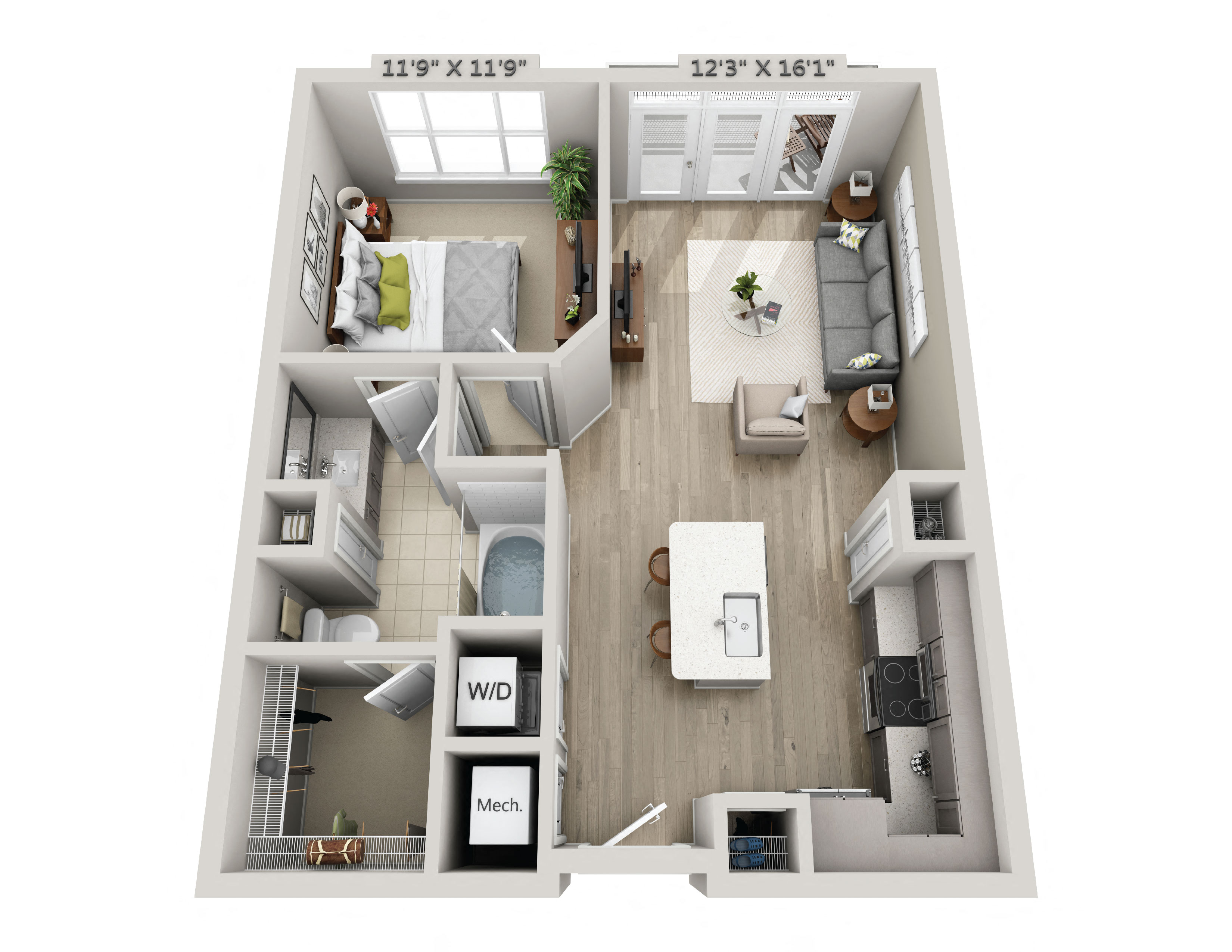 Floor plan for 1 bed, 1 bath, 693 sqft